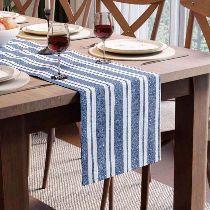 Encasa XO Cotton Dining Table Runner | Franca Blue Stripes | Size 13x72 in - Machine Washable & Durable