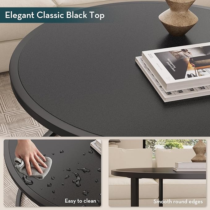 SAYGOER Small Round Coffee Table, Black Coffee Tables for Living Room, Modern Center Table for Small Space Home Office Gardern, 27.6 × 27.6 × 17.7inch, Black
