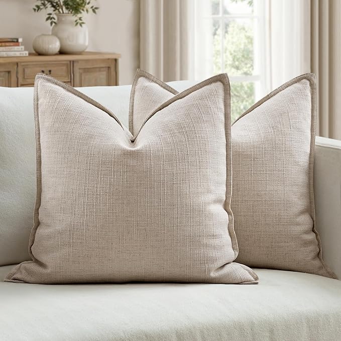 MIULEE Euro Sham Pillow Covers for Bed 24x24, 2 Pack Oatmeal Linen Thick & Textured Decorative Throw Pillow Covers, Neutral Cushion Cases, Modern Farmhouse Home Decor, No Filling