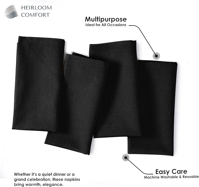 Black Cloth Napkins 17 x 17 Inch - Set of 12-100% Cotton, Absorbent, Washable, Reusable - Perfect Table Napkin for Summer, Everyday, Cocktail Parties, Holiday Gatherings, Dinner