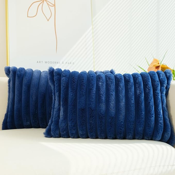 JOJUSIS Pack of 2 Faux Fur Plush Decorative Throw Pillow Covers Couch Cushion Case Soft Pillowcases (Navy Blue, 12 x 20-Inch)