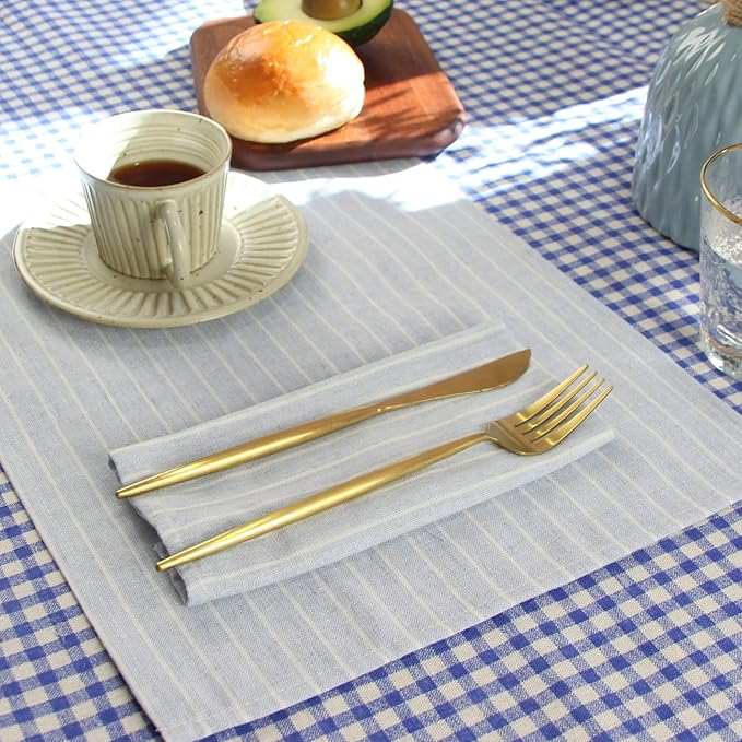White Striped Linen Cotton Dinner Cloth Napkins - Set of 12 (40 x 30 cm) - for Events & Home Use (Sky Blue)