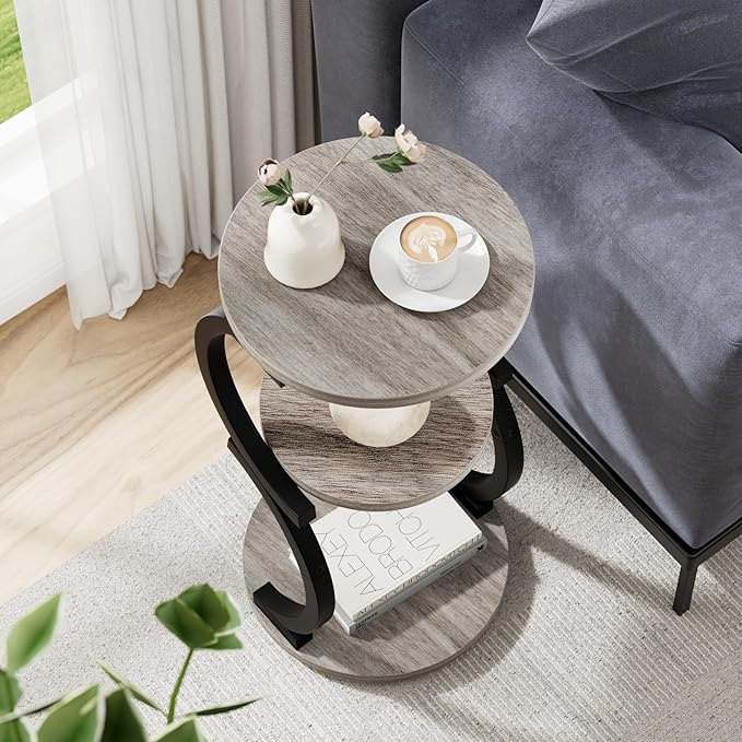 JUSTOGO Small Round Side Table, 3-Tier End Table for Living Room, Vintage Nightstand for Small Spaces Sofa Couch Corner Bedside Bedroom, S-Shaped Wood Accent Table Metal Coffee Table, Greige