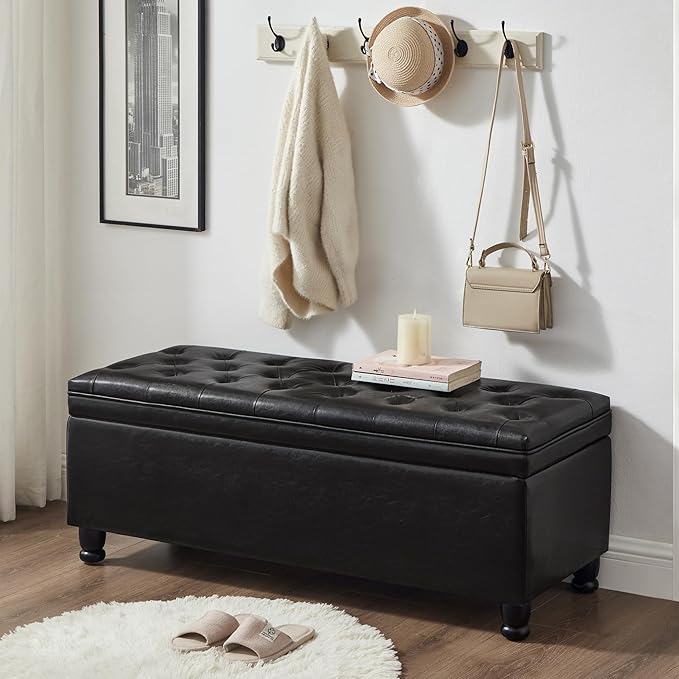 Betoko Storage Benches for Bedroom End of Bed,Mid Century Modern Bed Ottoman Bench with Storage,Button Tufted 45" PU Leather Long Storage Bench for Entryway Living Room Window (PU Black)