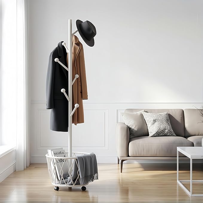Freestanding Metal Coat Rack Stand with Basket Modern Organizer for Scarf Jacket Hat Bags Ideal for Home Entryway Bedroom Corner Stable and Moveable tree (white)