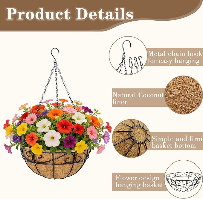 EIMQUVW 2 Pack Outdoor Patio Hanging Baskets 12 Inch Chain Link Round Metal Hanging Planters with Coco Liner Wire Flower Pots Suitable for Balconies Porches Gardens and Windowsills