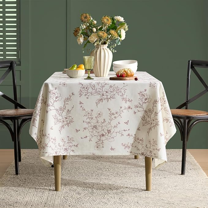 Linen Floral Rectangle Tablecloth Farmhouse Vintage French Rustic Tablecloths Brown Flowers Pattern Burlap Textured Outdoor Table Cover for Picnic,Dining,Party,Home Decor 55x120 Inch
