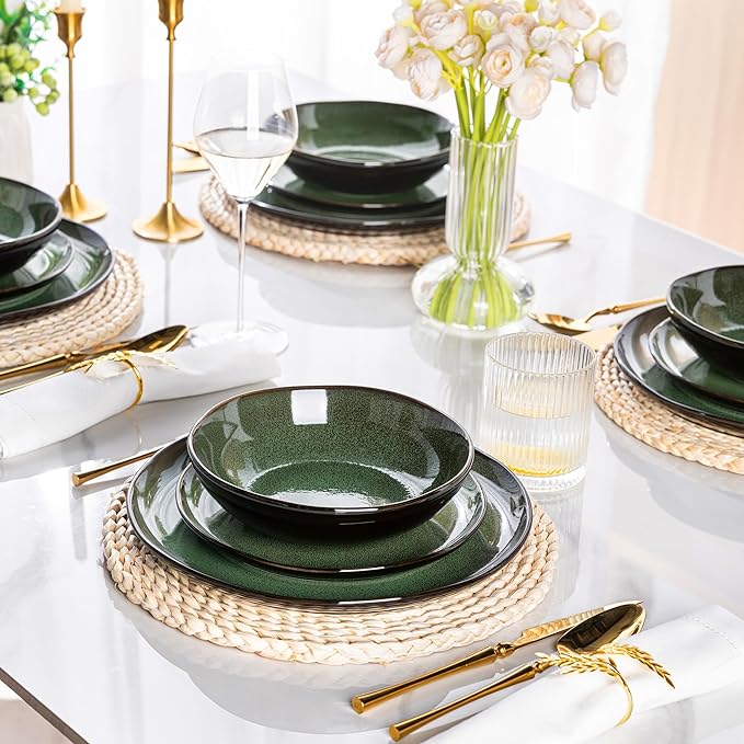 LeRatio Ceramic Dinnerware Sets for 4,Wavy Reactive Glaze Stoneware Plates and Bowls Sets,Highly Scratch Resistant | Dishwasher & Microwave,Oven Safe Dishes Set(12PCS)