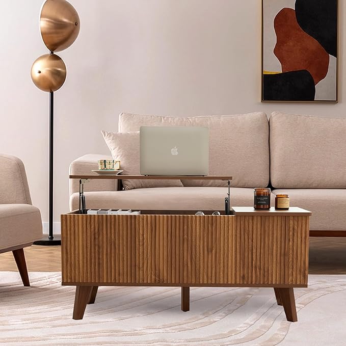 Mid Century Modern Lift Top Coffee Table with Storage for Living Room, Bedroom, Rectangle Low Fluted Coffee Table with Drawers, Contemporary Pop Up Cofee Table Convertible Rising (Walnut)