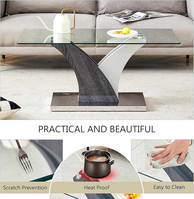 39'' Glass Coffee Table for Living Room,Rectangle Clear Center Table,Modern Glass Sofa Coffee Table with Tempered Glass Top and MDF Thickened Base