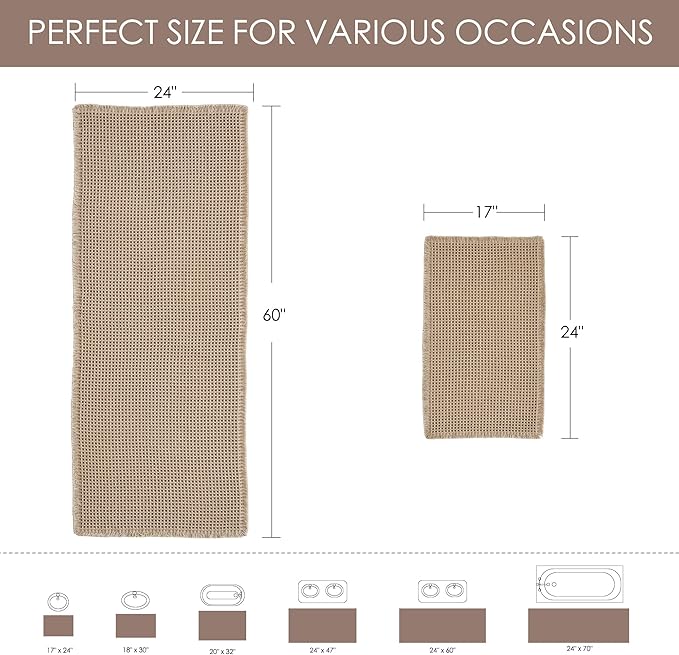 KGORGE Waffle Bathroom Rug, Large Super Absorbent Non Slip Washable Bathroom Rugs Decor, Boho Quick Dry Rubber Backed Bath Mat for Shower Toilet Hallway Hotel, Brown, 24" W X 72" L 1pc