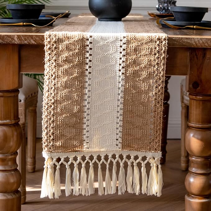 EMMTEEY Boho Table Runner with Tassels- Scratch & Heat Resistant, 94 Inches Long Table Runner Cotton Linen Macrame Handmade for Dining Table/Wedding Décor (12"X94", Brown White)