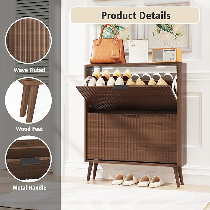 KIGOTY Narrow Shoe Storage Cabinet, Shoe Cabinet with 2 Flip Drawers, Freestanding Shoe Organizer with Legs for Entryway, Slim Shoe Rack Cabinet for Enterway (Walnut)
