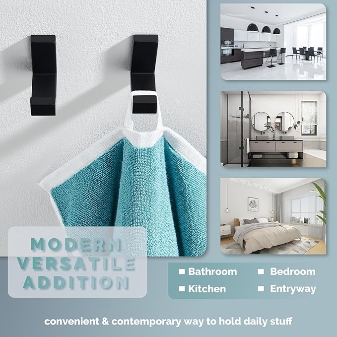 Angle Simple Bathroom Towel Hooks, SUS 304 Stainless Steel Robe Coat Holder Hanger Wall Mounted, Matte Black, 4 Pack