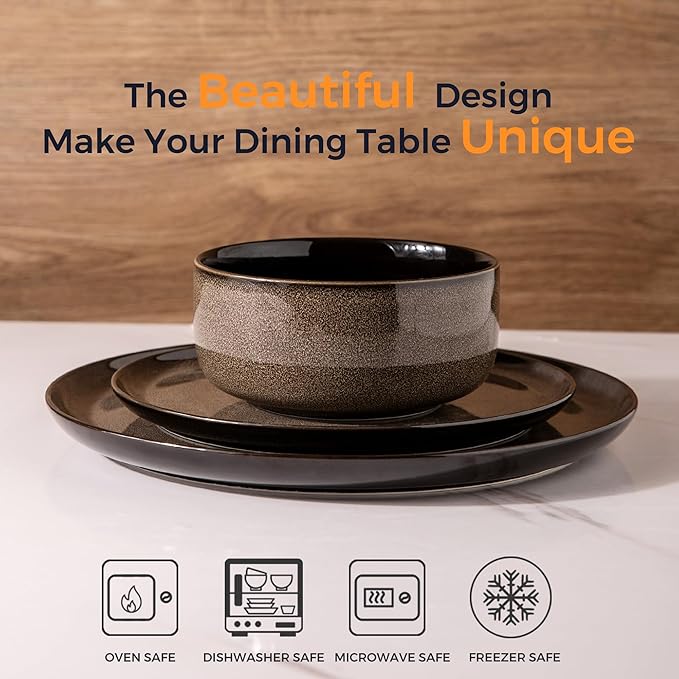 LeRatio Ceramic Dinnerware Sets for 6,Poreclain Plates and Bowls Sets,Handmade Reactive Glaze Dishes Set,Chip Resistant and Scratch Resistant | Oven&Dishwasher & Microwave Safe-Chestnut(18PCS)