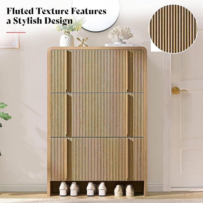 AMERLIFE Shoe Cabinet with 3 Flip Drawers, Fluted Shoe Organizer with Adjustable Shelf for Space-Saving, Freestanding Shoe Storage Rack for Entryway, Hallway, Natural Oak
