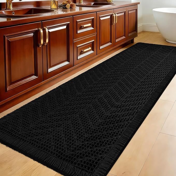 Extra Large Waffle Bath Mat, 5'x2' Black-Herringbone, Super Absorbent Non-Slip Quick Dry Bathroom Rugs with Tassels, Machine Washable Ultra Soft Boho Bath Rugs, Toilet Mats Boho Farmhouse Decor
