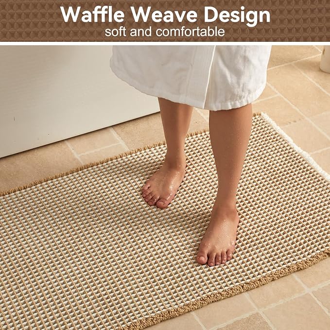 Triohero Waffle Bath Mat, Boho Bathroom Rugs Non Slip Washable, Ultra Soft Super Absorbent Quick Dry Farmhouse Bathroom Decor, 24" x 48", Khaki & White