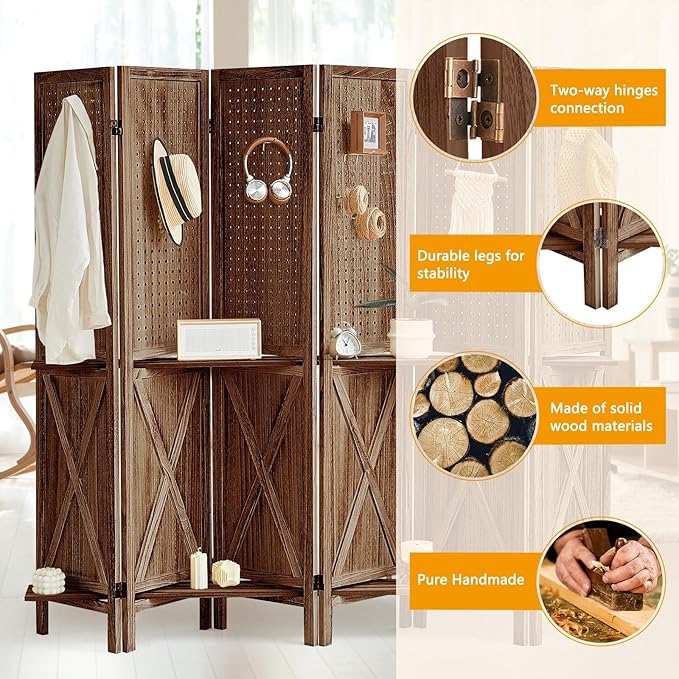 6 Panel Pegboard Display with 24 Hooks, Wooden Pegboard Room Divider Wall with Shelf, Rustic Room Dividers and Folding Privacy Screens, Bedroom, Jewelry Store, Brown