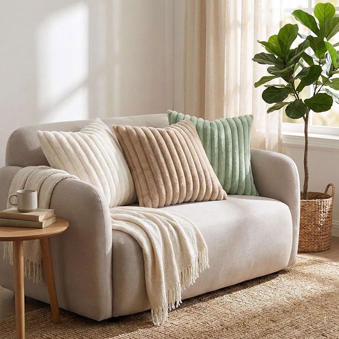 Pallene Faux Fur Plush Throw Pillow Covers 26x26 Set of 2, Luxury Soft Fluffy Striped Decorative Pillow Covers for Sofa, Couch, Living Room, Sage Green