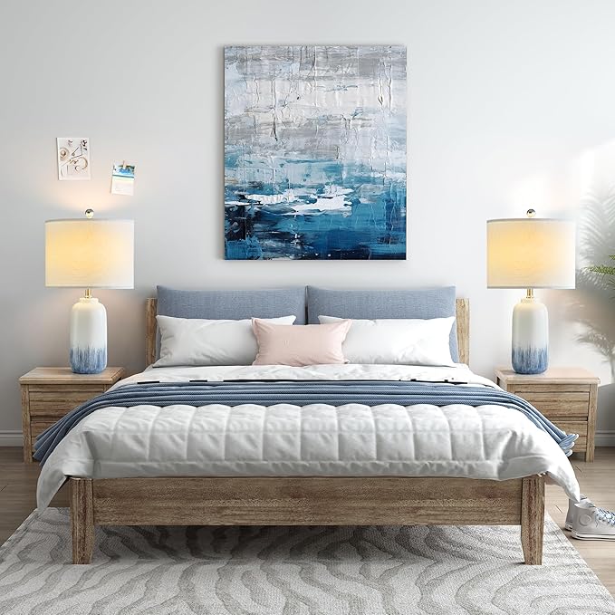 24" Blue Ceramic Table Lamps Set of 2, Modern Coastal Blue Bedside Nightstand Lamp for Living Room, 3 Way Dimmable End Table Lamps for Bedroom Office