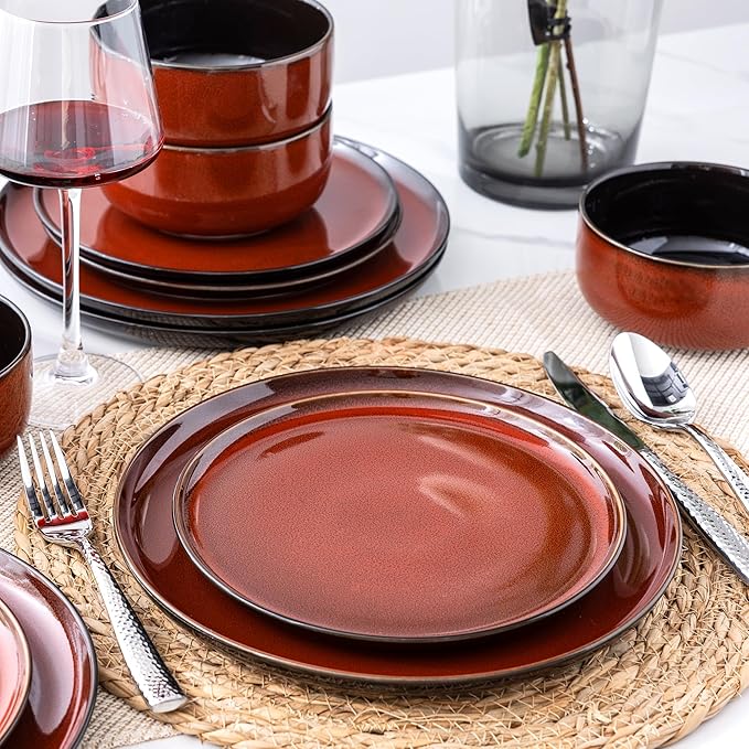 ERATIO Ceramic Dinnerware Sets for 4,12 Pieces Poreclain Plates and Bowls Sets,Scratch Resistant Dishes,Dishwasher & Microwave Safe Dishes Set,Service for 4-Red