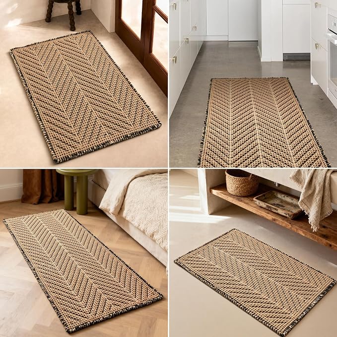 Sunfly Waffle Bath Mat, Boho Bathroom Rugs Non Slip Washable Super Absorbent Quick Dry Bath Mat Farmhouse Bathroom Decor, 24"x48" Black &Khaki