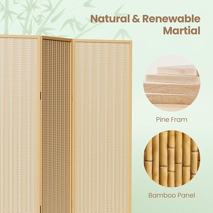8 Panel Room Divider and Extra Wide Folding Privacy Screen, 126" W x 67" H, Bamboo Room Divider for Room Separation