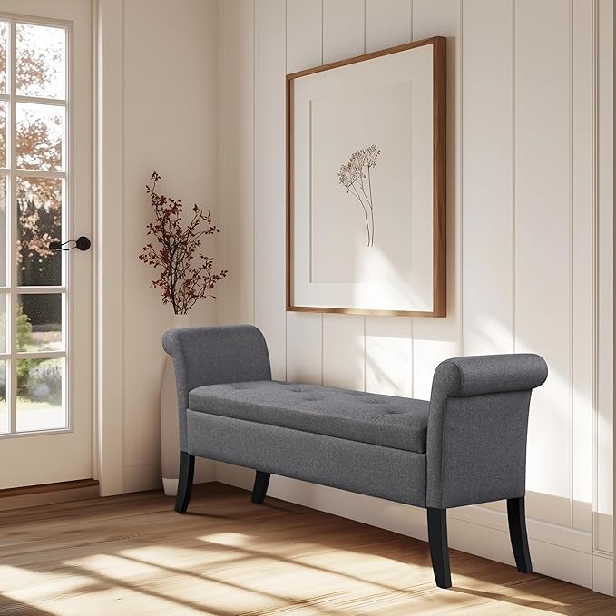 Yaheetech Storage Bench for Entryway Linen Window Bench with Rolled Arms for Bedroom Entryway Window Seat, Dark Gray