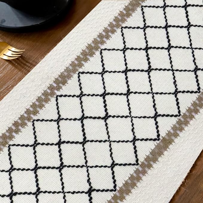 EMMTEEY Macrame Table Runner Boho Style - Scratch & Heat Resistant, Hexagonal Grid Cotton Linen Table Runner with Tassels for Home Decor/Bedroom (12"X36", Black)