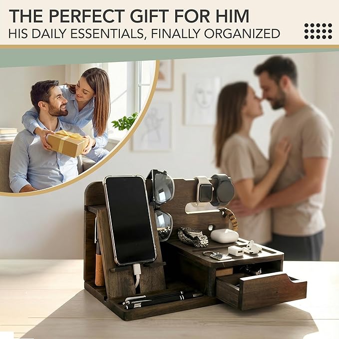 Nightstand Organizer- Phone Docking Station for Men- Unique Gifts for Husband, Father or Dad from Wife, Son or Daughter- Desk Organizer for Cellphone, Watches, Wallet and Key (Rustic)