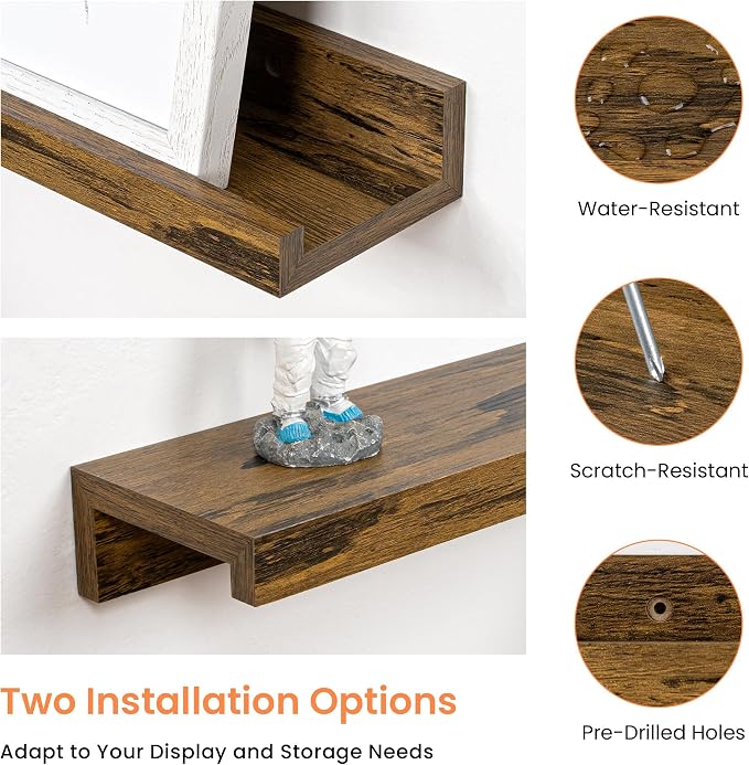 RICHFOCUS Picture Ledge Shelf, 40 inch Floating Shelves Set of 2, Wood Wall Shelves with Lip, Wall Decor Storage for Bedroom Living Room Bathroom Kitchen Nursery Photo Picture, Rustic Brown