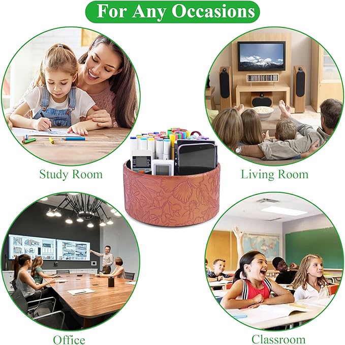 Remote Control Holder, 360°Spinning PU Leather Desk TV Remote Caddy,Desk Storage Box Room Accessories for Controller, Media,Mail,Calculator, Mobile Phone,Pencil(1-Carved Brown)