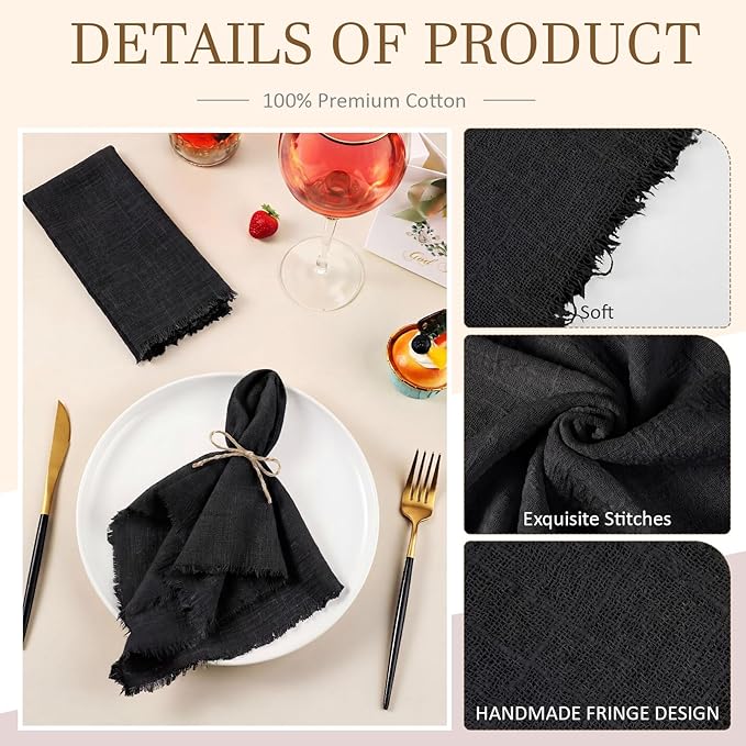 Preboun 24 Pcs Fringe Napkins Bulk Cloth Cotton Soft 17 x 17 Inch Rustic Reusable Washable Festive Square Table Napkins with Fringe for Parties Wedding Restaurant Table Accessory(Black)