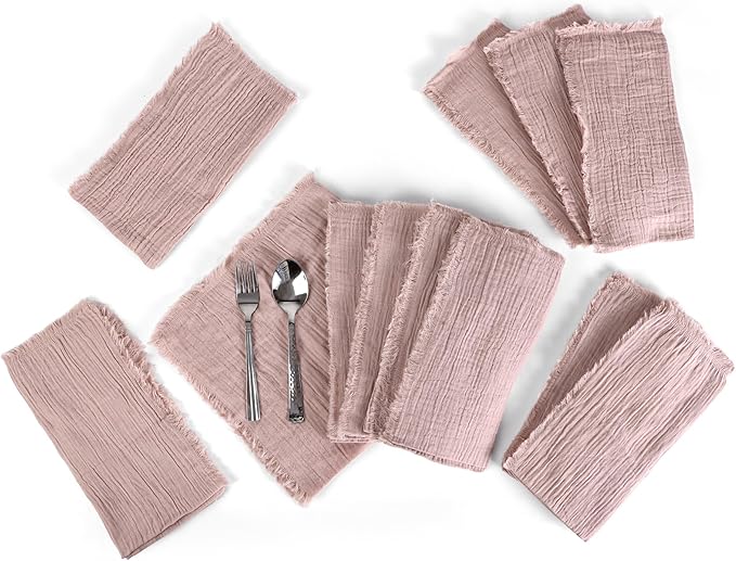 FINGERCRAFT Cloth Napkins Natural Cotton Cheesecloth Set of 12 Premium Fringe Design Dinner Napkin Soft Durable Ideal for Dining Room, Restaurant, Weddings Events Washable Good Absorbency Peach