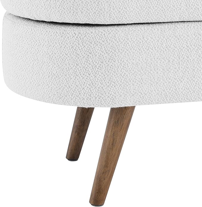 Linen Upholstered Storage Ottoman,Entryway Bench with Safety Hinges and Rubber Wood Legs, Oval Footstool for Living Room,End of Bed,White