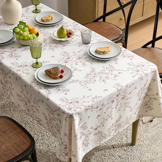 Linen Floral Rectangle Tablecloth Farmhouse Vintage French Rustic Tablecloths Brown Flowers Pattern Burlap Textured Outdoor Table Cover for Picnic,Dining,Party,Home Decor 55x120 Inch