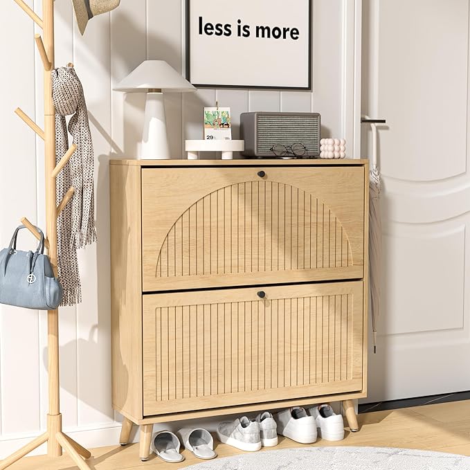 Fsbecl Shoe Storage Cabinet for Entryway with 2 Flip Drawers, Narrow Wood Shoe Cabinet with Fluted Panel, Freestanding Hidden Shoe Organizer for Foyer, Hallway (Wood Color)