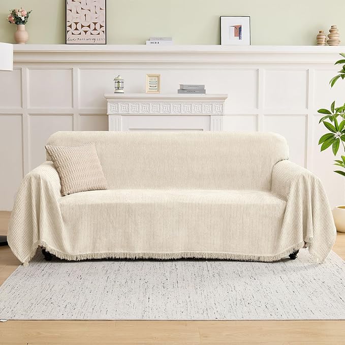 LOMAO Couch Cover Sofa Covers for 3 Cushion Sectional Couch Covers L Shape Couch Cover with Tassel Sofa Protector Washable Reversible Chenille Sofa Slipcover for Pet (Beige,XLarge（71 * 134)