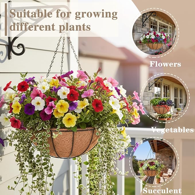 EIMQUVW 4 Pack Black Metal Round Hanging Basket 12 Inch Decorative Outdoor Coconut Fiber Planter with Chain Classic Hanging Flower Pots are Ideal for Gardens Patios Porches and Vertical Planting