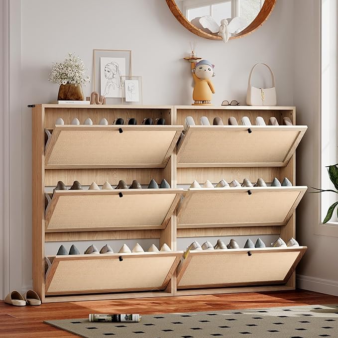 Shoe Cabinet Storage with 3 Flip Drawer for Entryway, 31.5 Inch Farmhouse Slim Narrow Wood Storage Cabinet for Shoes, Freestanding Shoe Organizer for Living Room, Aparment (Natural)