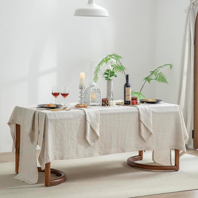 EVERLY Pure Linen Hemstitch Tablecloth,100% Stonewashed French Linen tablecloths for Kitchen Dining Rectangle Tables,60x108Inch Machine Washable Christmas Thanksgiving Organic Tablecloth-Natural Linen