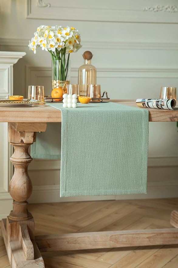 ZeeMart Burlap Style Farmhouse Table Runners 90 Inches Long, Sage Green Rustic Woven Dining Table Runner for Everyday Use, 14x90 Inches, Seafoam