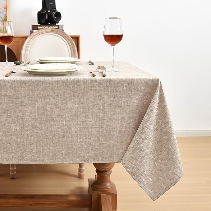 Fitable Faux Linen Beige Table Clothes 60 x 84 Inch - 2 Pack Neutral Tablecloths for Rectangle Tables, Faux Burlap Table Covers for Kitchen Dining, Wedding, Party, Farmhouse, Outdoor Picnic