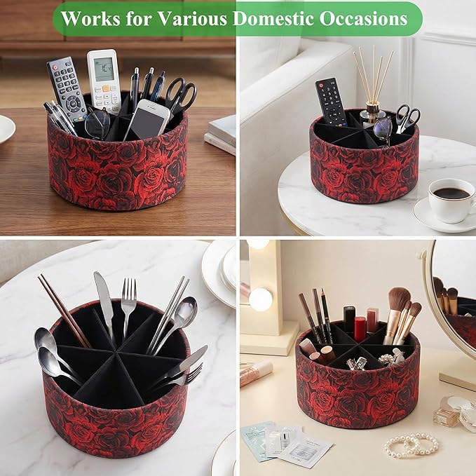 Remote Control Holder, 360°Spinning PU Leather Desk TV Remote Caddy,Desk Storage Box Room Accessories for Controller, Media,Mail,Calculator, Mobile Phone,Pencil(1-B3D Red)