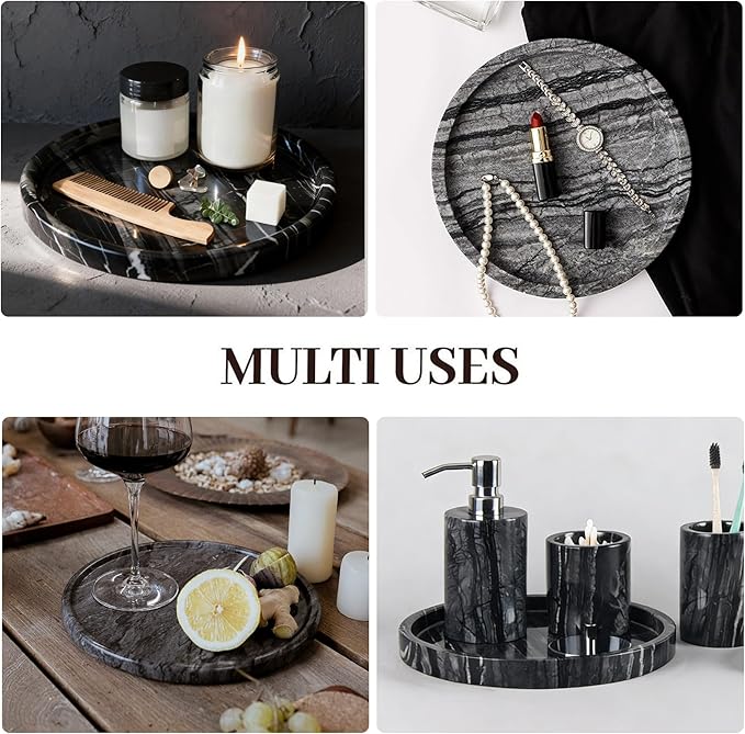Natural Marble Tray, Round Black Tray for Bedroom/Bathroom/Kitchen/Vanity Countertop, Jewelry Tray for Rings Earrings Necklace Bracelet Watch, Room Decor Aesthetic