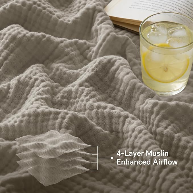 BEDELITE 100% Cotton Muslin Blankets for Adults - 4-Layer Twin Size Breathable and Lightweight Gauze Blanket for Couch, Bed, Travel and Summer, Soft & Cozy Gift for Women, Taupe, 60"x80"