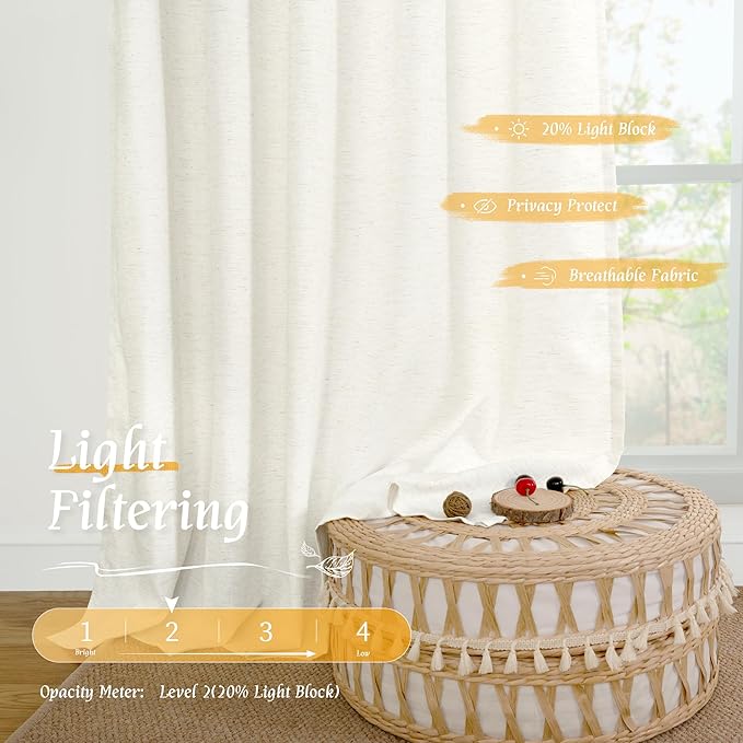 LAMIT Light Filtering Linen Curtains 54 Inches Long for Bedroom, Natural Ivory Soft Faux Linen Textured Panels Rod Pocket Neutral Drapes for Window/Loft Room, 42 x 54 Inch, 2 Panels