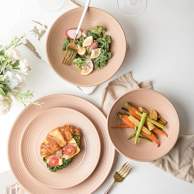 Arora RINGAR Round Stoneware 16pc Dinnerware Set of 4, Dinner Plates, Side Plates, Cereal Bowls, Mugs - Speckle Matte Coral (416867)