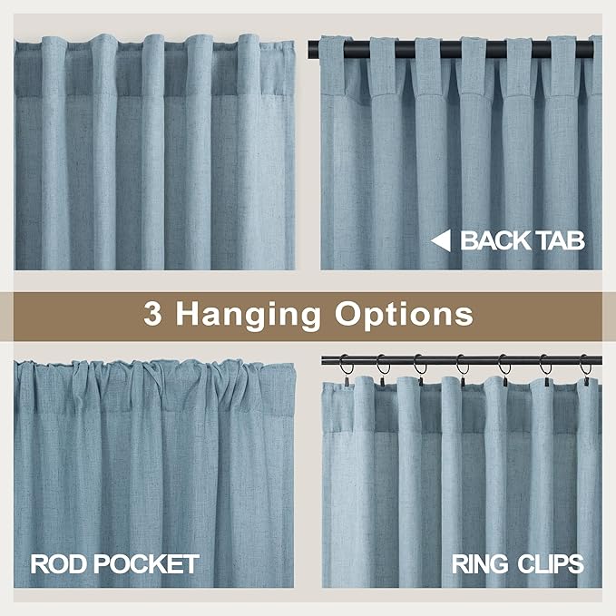 Extra Long Curtains for Living Room Patio Sliding Glass Door 120 Inch Length Linen Sheer Light Filter Curtains & Drapes for Villa Cottage Country House Back Tab Pocket 12 Feet 12ft 52x120 Stone Blue